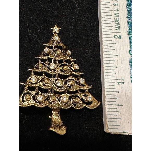 Vintage Premier Designs Christmas Tree Brooch Pin Gold Toned  Rhinestones - Picture 2 of 6